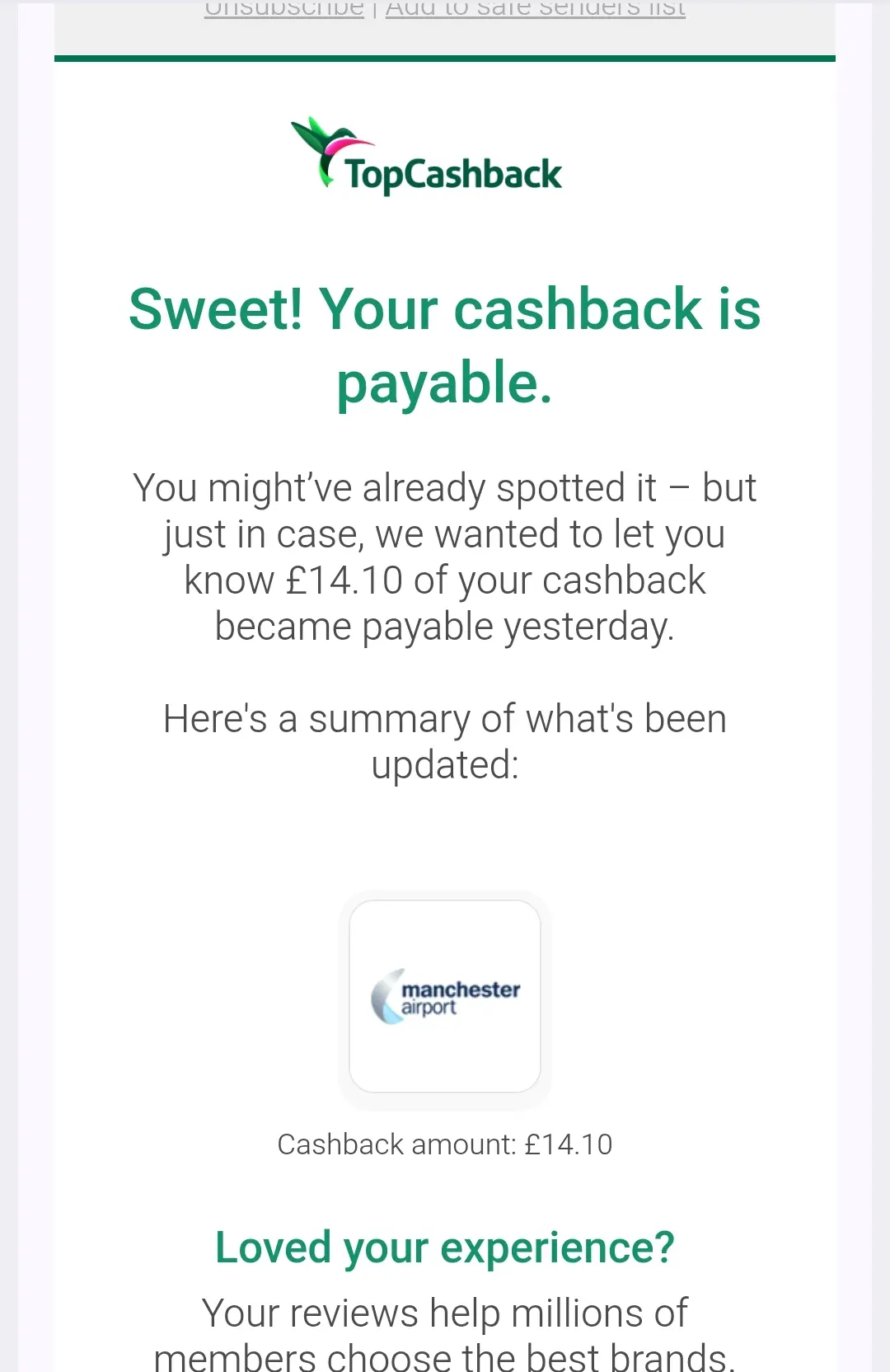 TopCashback payable cashback email showing £14.10