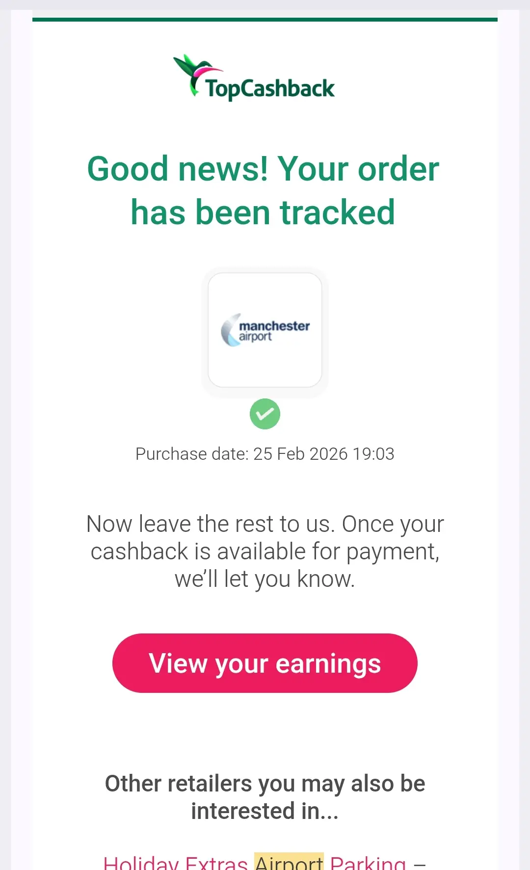 TopCashback tracked order email for Manchester Airport parking